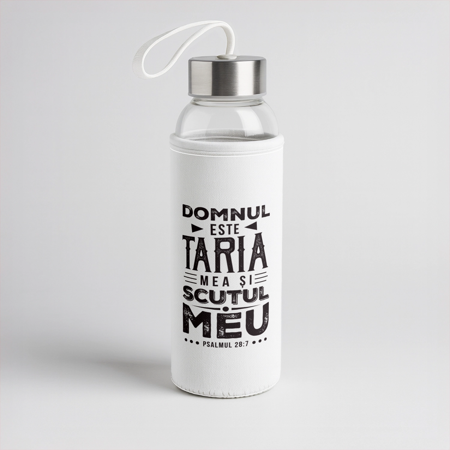 Bidon sticla cu husa textila, cu verset biblic - Psalmul 28:7 Bidon sticla cu husa textila, cu verset biblic - Psalmul 28:7